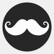 White gentleman handlebar moustache on black round sticker