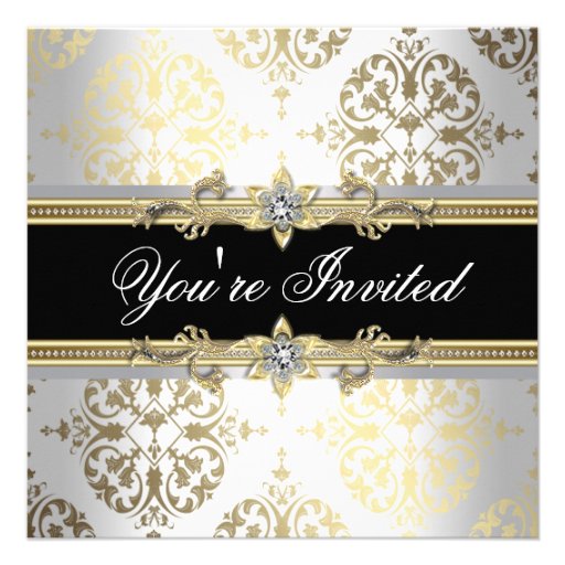 White Gold Black Damask Party Invitations