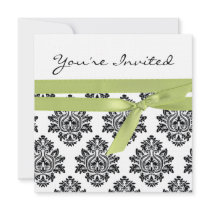 White & Green linen Damask baby shower invite