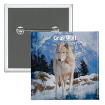 White Grey Wolf & Rocky Mountains Button