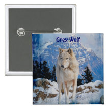 White Grey Wolf & Rocky Mountains Button