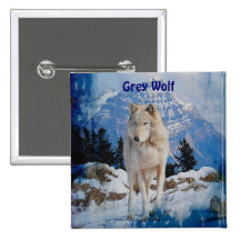 White Grey Wolf & Rocky Mountains Button