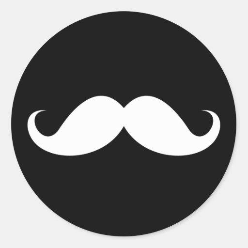White handlebar moustache on black background round stickers