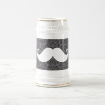White handlebar moustache on grey damask pattern coffee mugs