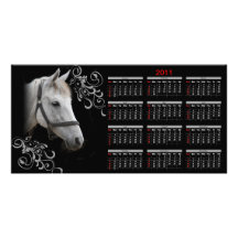 White Horse Portrait Calendar on Black Customized Photo Card