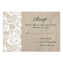 White Lace and Burlap Wedding RSVP Card Personalized Announcement
