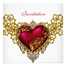 White Lace Gold Deep Red Heart Jewel Party Custom Invitations