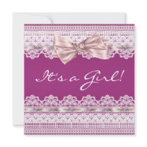 White Lace Pink Ribbon Hot Pink Girl Baby Shower Announcements