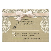 White lace ribbon and burlap wedding RSVP cards