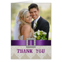 White Lace Vintage Wedding Photo Thank You Purple Card