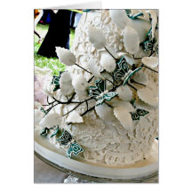 White lacy wedding cake with green butterfies greeting cards