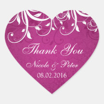 White leafy swirls on magenta Wedding Thank you Stickers