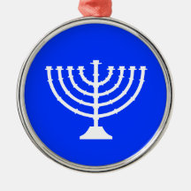 White Menorah on Blue Background Ornament