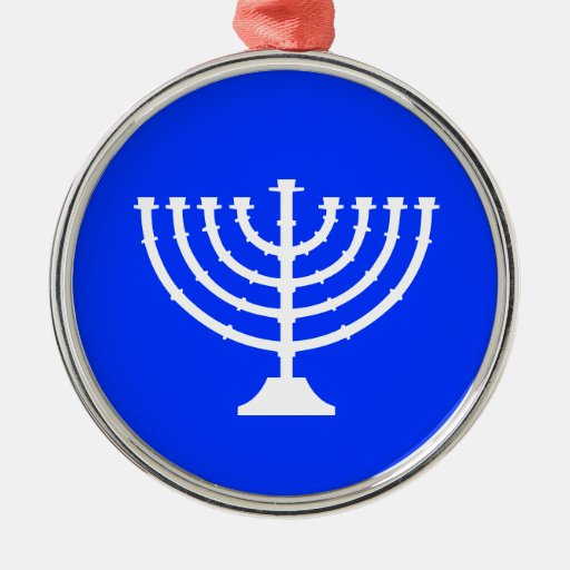 White Menorah on Blue Background Ornament