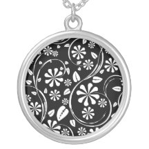 White on Black Daisy Flower Pattern Personalized Necklace