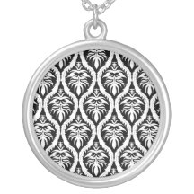 White on Black Damask Floral Pendant