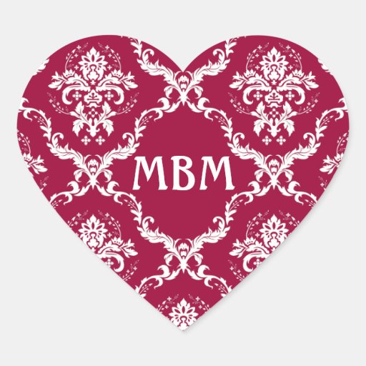 White on Red Damask Pattern Heart Sticker