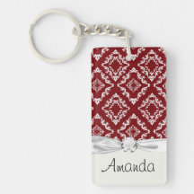 white on red diamond damask rectangle acrylic key chains