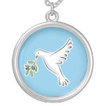 White peace dove with olive branch blue necklace