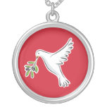 White peace dove with olive branch red necklace