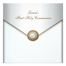 White Pearl Gold Girls First Holy Communion Invitation