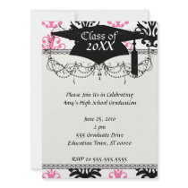 white pink and black chic damask graduation announcement