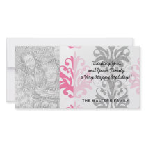white pink and black chic damask custom photo card