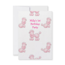 White Pink Poodle 1st Birthday Party Custom Invitation