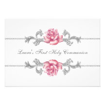White Pink Rose Girls First Communion Invitation