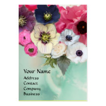 WHITE PINK ROSES AND ANEMONE FLOWERS MONOGRAM BUSINESS CARDS