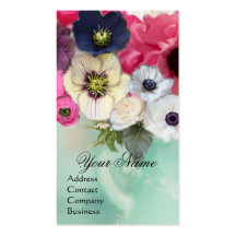 WHITE PINK  ROSES AND ANEMONE FLOWERS MONOGRAM BUSINESS CARD TEMPLATE