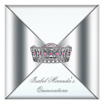 White Pink Silver Tiara Quinceanera 15th Party Custom Invitation