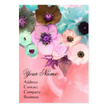 WHITE PINK TEAL ROSES AND ANEMONE FLOWERS MONOGRAM BUSINESS CARDS