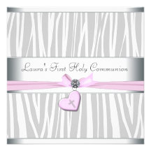 White Pink Zebra Heart Pink Cross First Communion Invitations