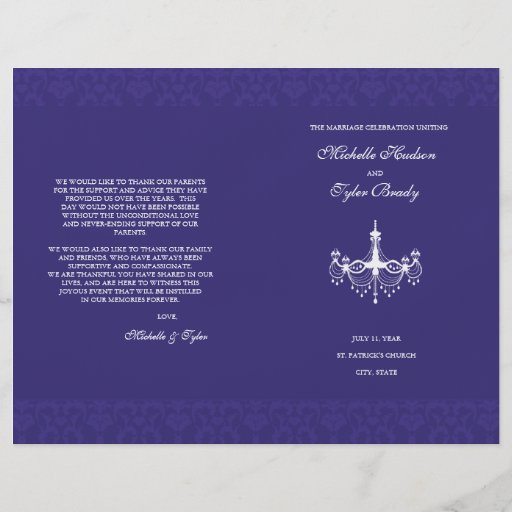 White & Plum Chandalier wedding program half fold Flyer