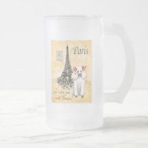 White Poodle Eiffel Tower Vintage Style Print Coffee Mugs