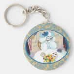 White Poodle Tea Party on Damask Key Chain