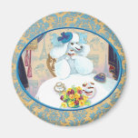 White Poodle Tea Party on Damask Magnet