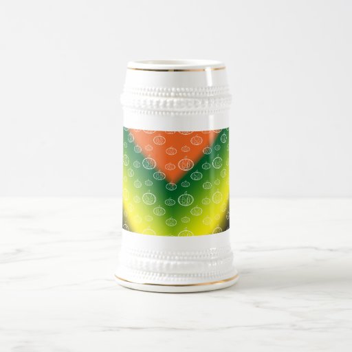 White pumpkin pattern on orange black yellow green mugs