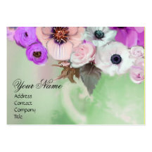 WHITE PURPLE ROSES AND ANEMONE FLOWERS MONOGRAM BUSINESS CARDS