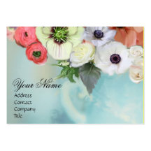 WHITE RED PINK ROSES AND ANEMONE FLOWERS MONOGRAM BUSINESS CARD TEMPLATE