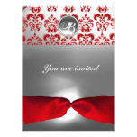 WHITE RED RIBBON DAMASK GEM STONE MONOGRAM PERSONALIZED INVITATION