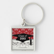 white red swirl chandelier heart damask graduation keychains