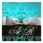 WHITE RIBBON BLUE TURQUASE BLACK  DAMASK MONOGRAM INVITES