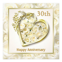 White roses and heart 30th Wedding Anniversary Invitations