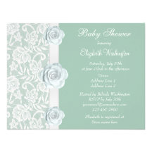 White Roses & Lace Mint Green Baby Shower Invitation