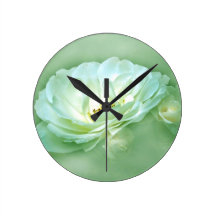 WHITE ROSES - PALE GREEN WALL CLOCK