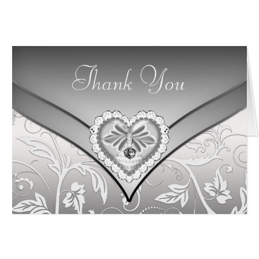 White Silver Diamond Heart Thank You Cards
