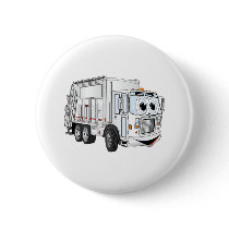 White Smiling Cartoon Garbage Truck Button