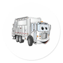 White Smiling Cartoon Garbage Truck Round Stickers